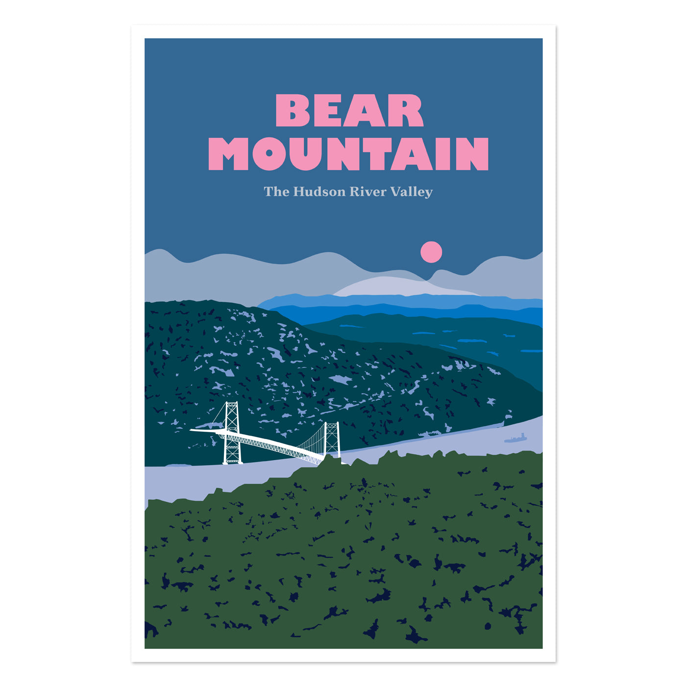Poster of Bear Mountain with a bridge and mountain landscape on a blue background